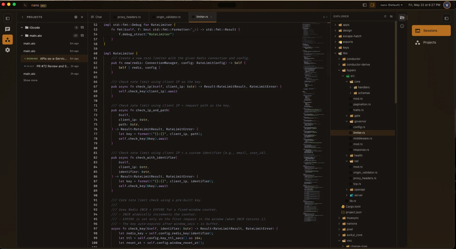 NanX — code editor showing Rust rate limiter code with multiple tabs and expanded file tree