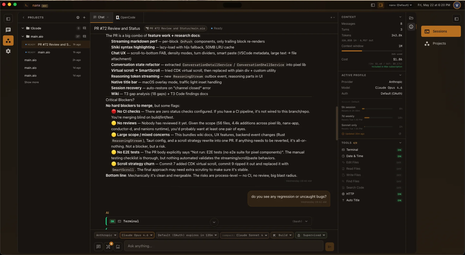 NanX — AI entity reviewing a pull request with context panel, tool toggles, and model picker