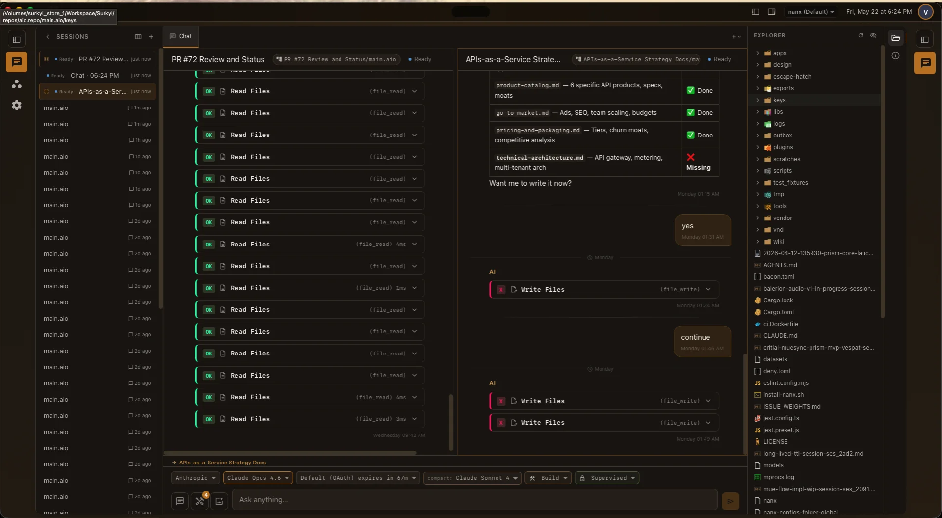 NanX — two concurrent sessions with tool calls executing in parallel and file explorer