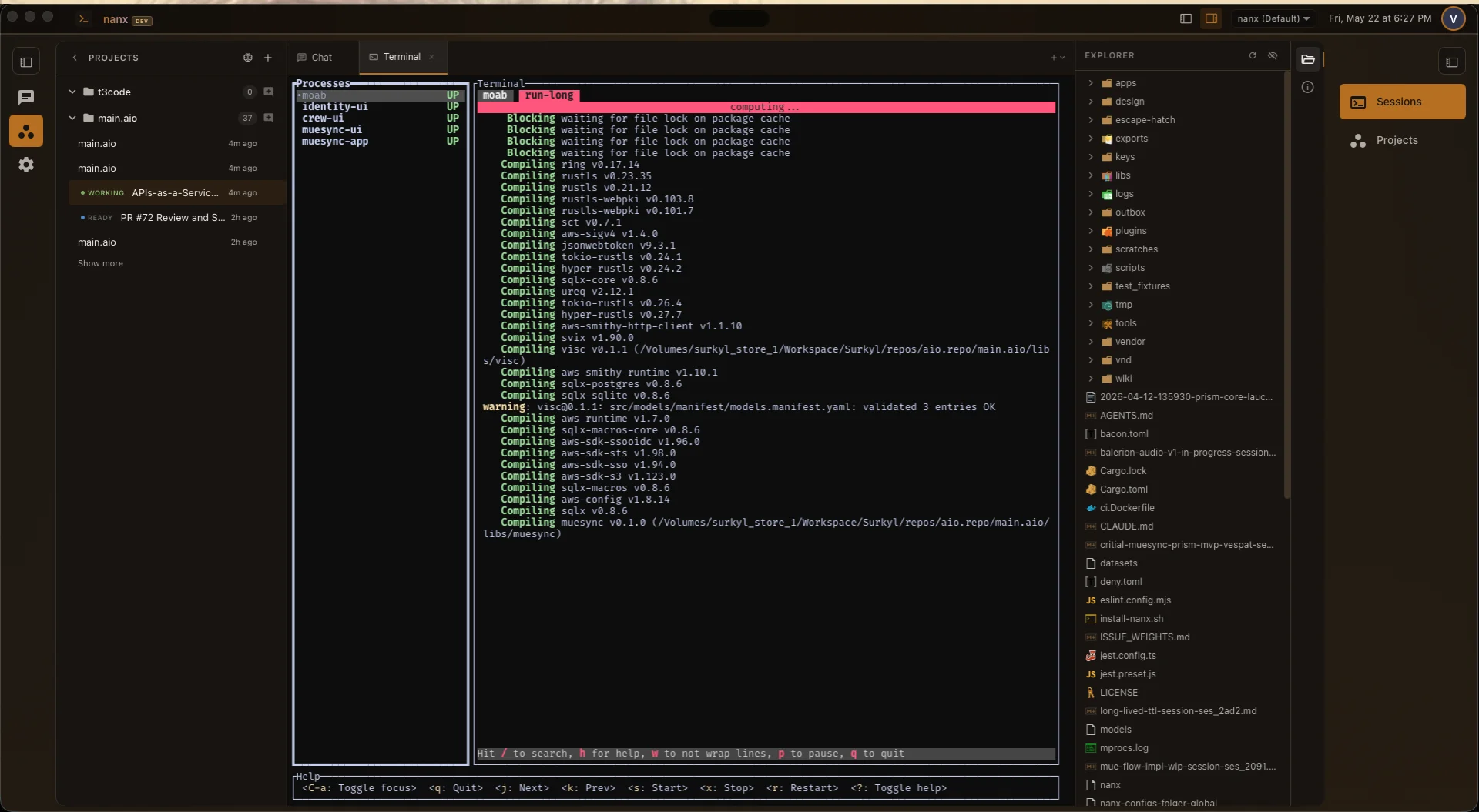 NanX — full PTY terminal showing Rust compilation with process manager sidebar and file explorer